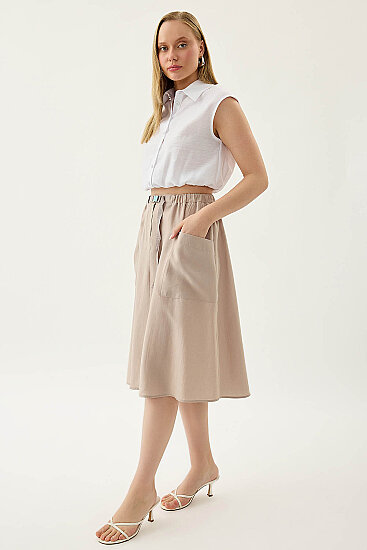 Yanları Cepli Beli Lastikli Önü Tokalı Midi Etek - 4