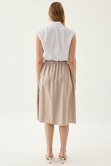 Yanları Cepli Beli Lastikli Önü Tokalı Midi Etek - 5