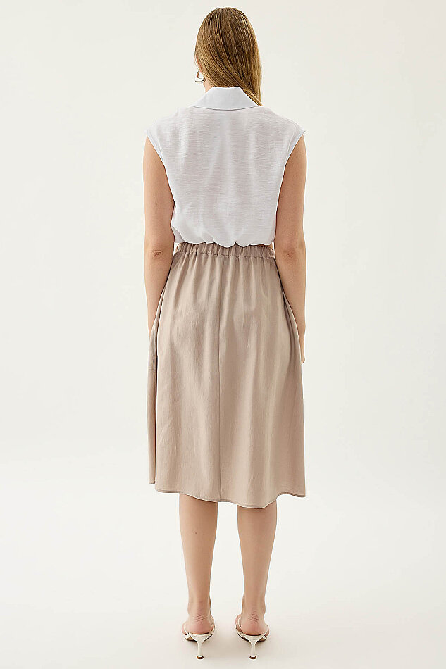 Yanları Cepli Beli Lastikli Önü Tokalı Midi Etek - 5