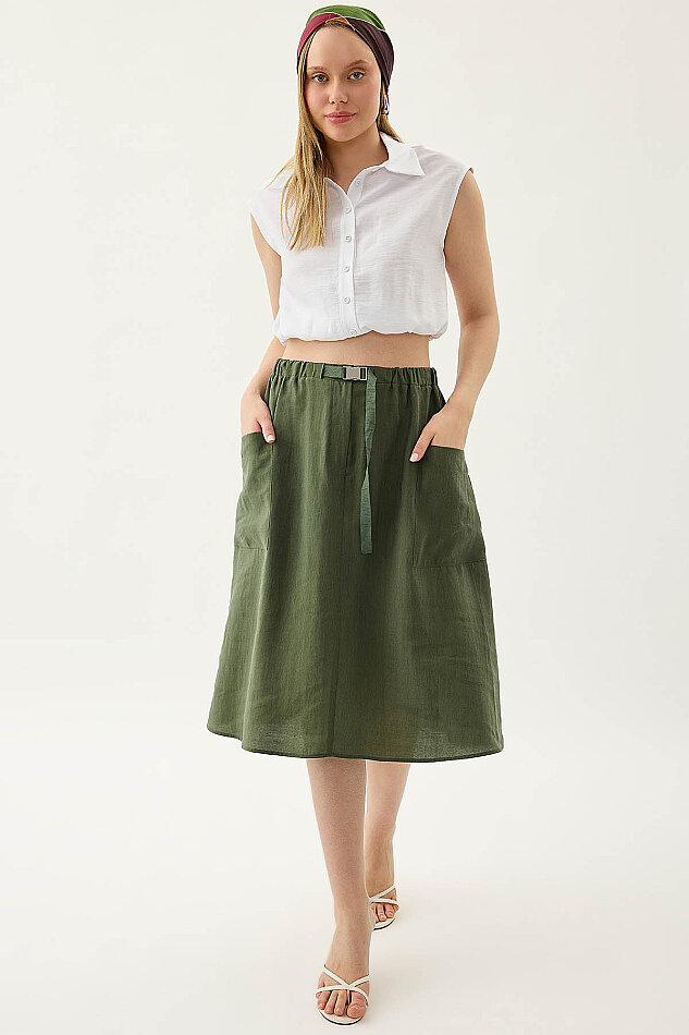 Yanları Cepli Beli Lastikli Önü Tokalı Midi Etek - 6