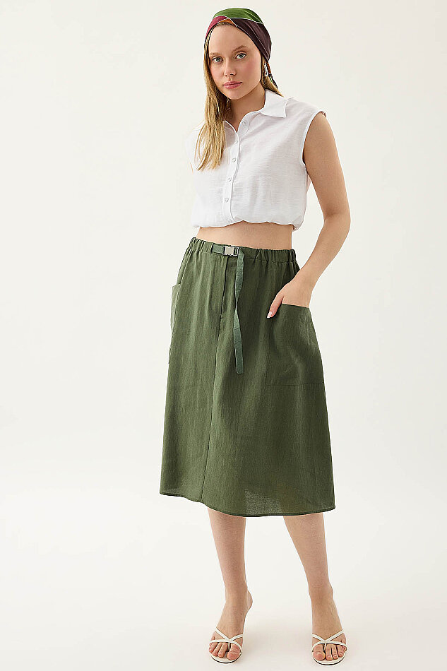 Yanları Cepli Beli Lastikli Önü Tokalı Midi Etek - 7