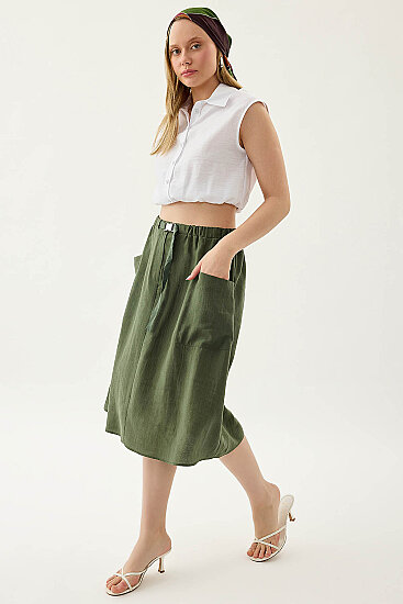 Yanları Cepli Beli Lastikli Önü Tokalı Midi Etek - 8