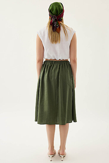 Yanları Cepli Beli Lastikli Önü Tokalı Midi Etek - 10