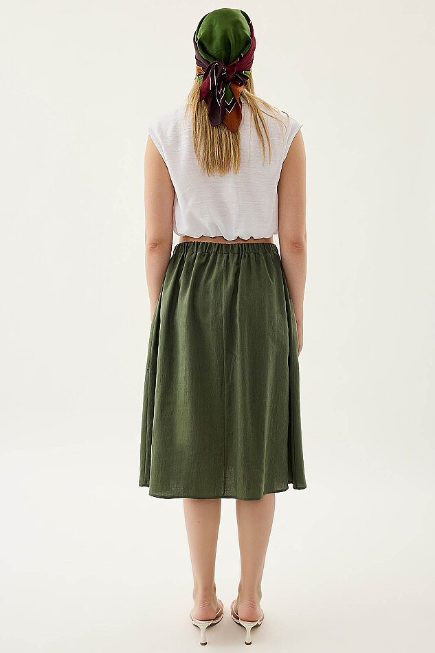 Yanları Cepli Beli Lastikli Önü Tokalı Midi Etek - 10