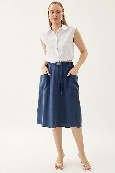 Yanları Cepli Beli Lastikli Önü Tokalı Midi Etek - 11