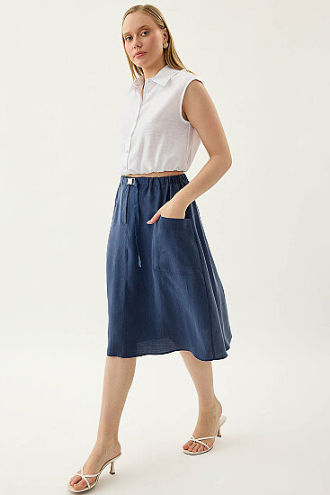 Yanları Cepli Beli Lastikli Önü Tokalı Midi Etek - 12