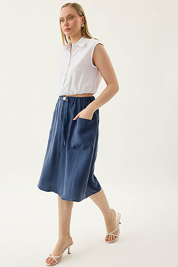 Yanları Cepli Beli Lastikli Önü Tokalı Midi Etek - 13