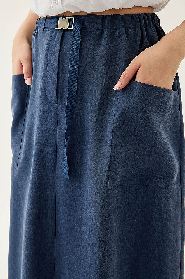 Yanları Cepli Beli Lastikli Önü Tokalı Midi Etek - 14