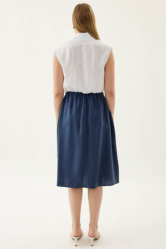 Yanları Cepli Beli Lastikli Önü Tokalı Midi Etek - 15