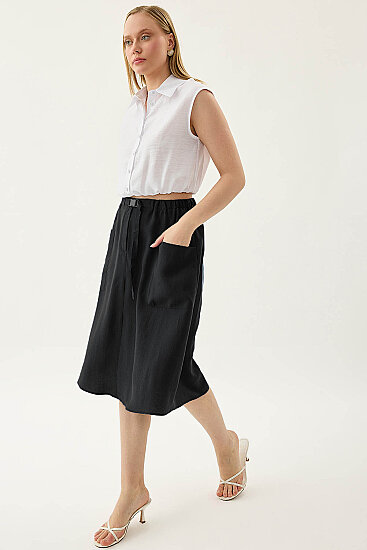 Yanları Cepli Beli Lastikli Önü Tokalı Midi Etek - 16