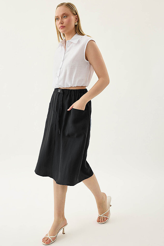 Yanları Cepli Beli Lastikli Önü Tokalı Midi Etek - 16