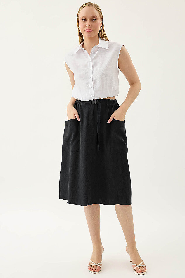 Yanları Cepli Beli Lastikli Önü Tokalı Midi Etek - 17