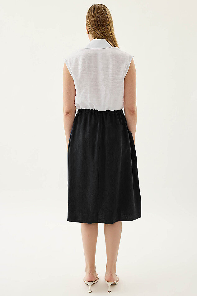 Yanları Cepli Beli Lastikli Önü Tokalı Midi Etek - 18