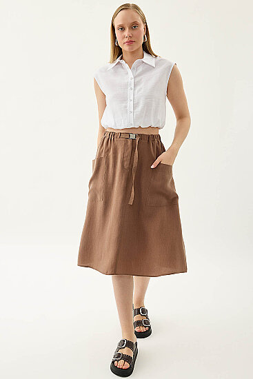 Yanları Cepli Beli Lastikli Önü Tokalı Midi Etek - 19