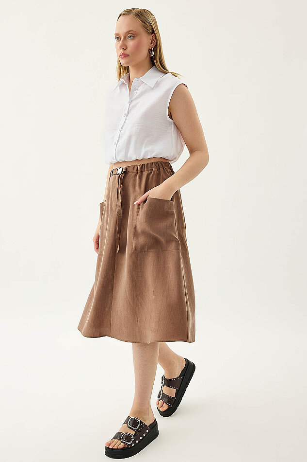 Yanları Cepli Beli Lastikli Önü Tokalı Midi Etek - 21