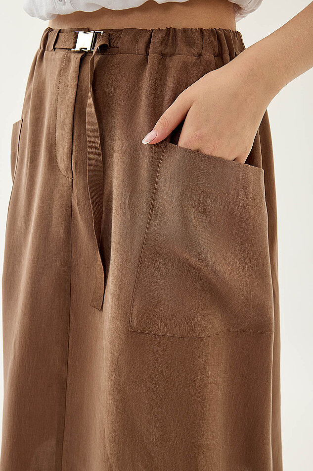 Yanları Cepli Beli Lastikli Önü Tokalı Midi Etek - 22