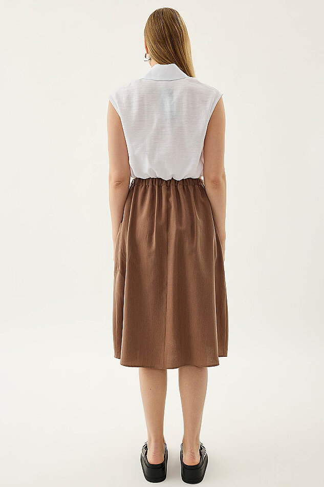 Yanları Cepli Beli Lastikli Önü Tokalı Midi Etek - 23