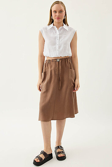 Yanları Cepli Beli Lastikli Önü Tokalı Midi Etek - 20