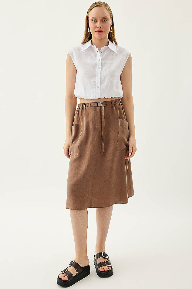 Yanları Cepli Beli Lastikli Önü Tokalı Midi Etek - 20