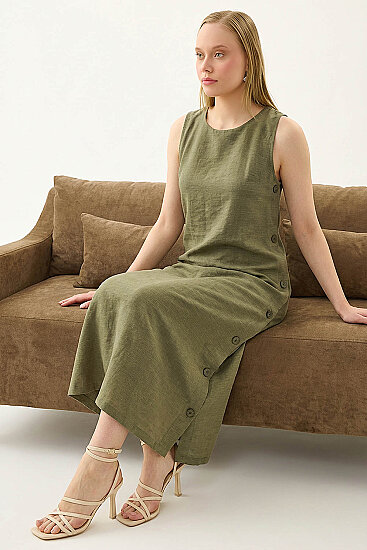 Yanları Düğmeli Sıfır Kol Elbise (1)