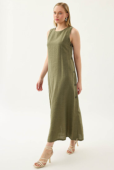 Yanları Düğmeli Sıfır Kol Elbise - 3