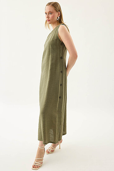 Yanları Düğmeli Sıfır Kol Elbise - 5