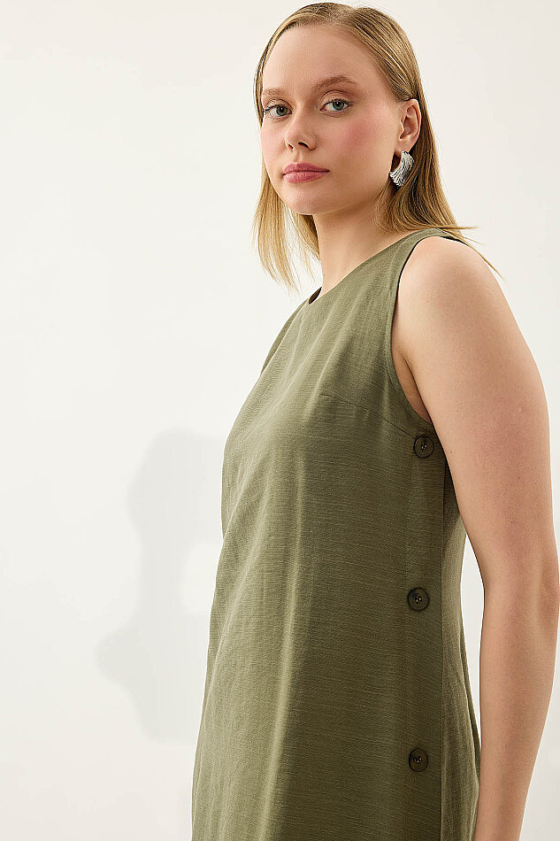 Yanları Düğmeli Sıfır Kol Elbise - 6