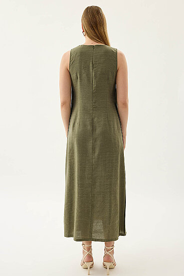 Yanları Düğmeli Sıfır Kol Elbise - 4