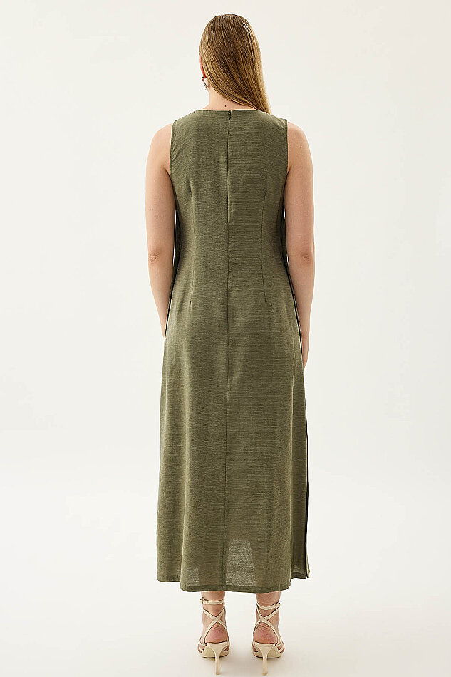 Yanları Düğmeli Sıfır Kol Elbise - 4