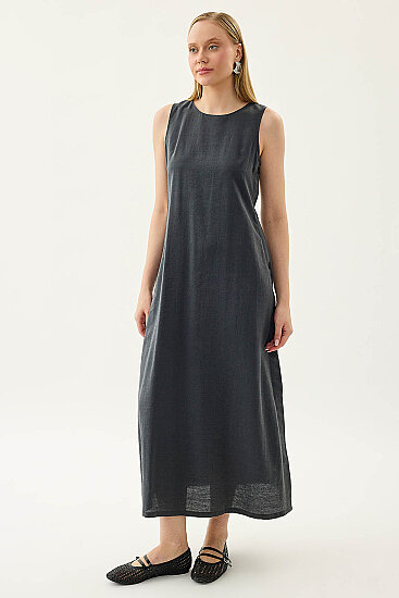 Yanları Düğmeli Sıfır Kol Elbise - 8