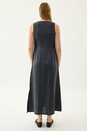 Yanları Düğmeli Sıfır Kol Elbise - 10