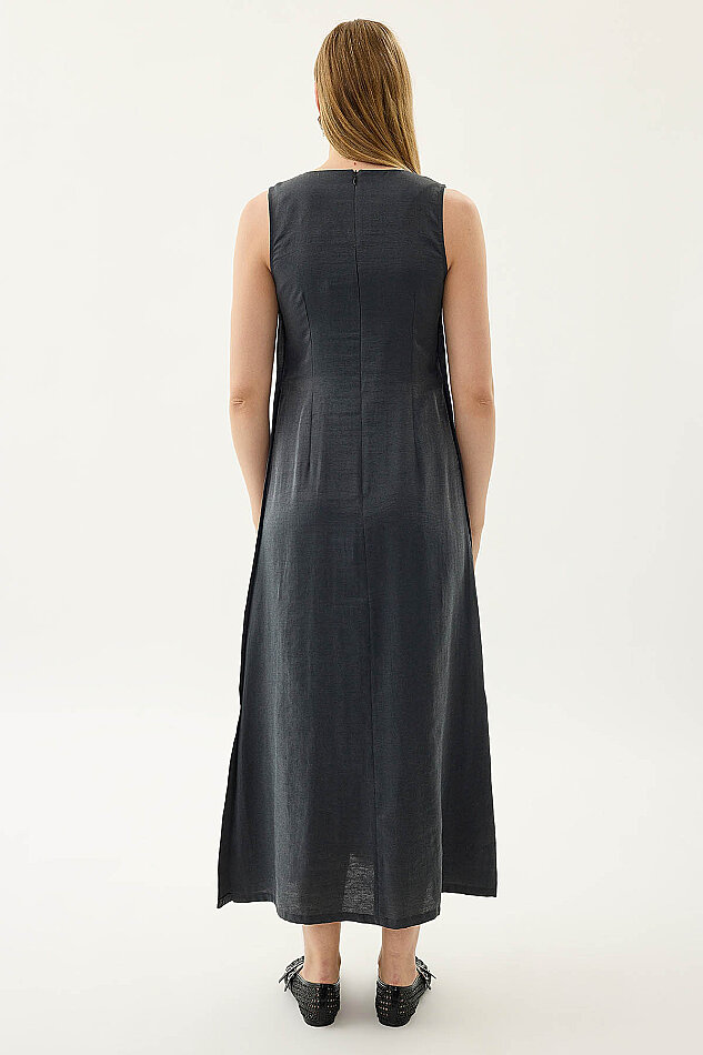 Yanları Düğmeli Sıfır Kol Elbise - 10