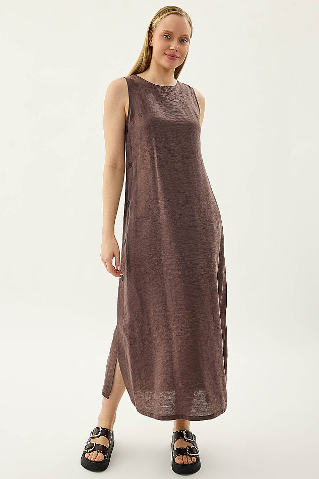 Yanları Düğmeli Sıfır Kol Elbise - 17