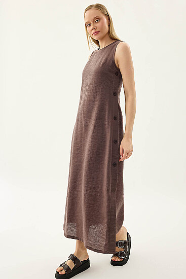 Yanları Düğmeli Sıfır Kol Elbise - 19