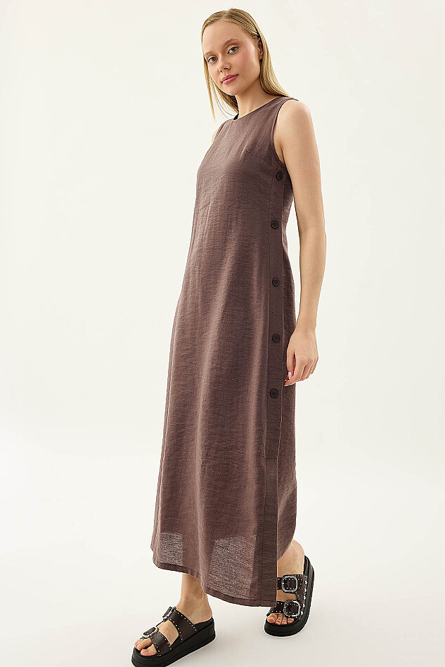 Yanları Düğmeli Sıfır Kol Elbise - 19