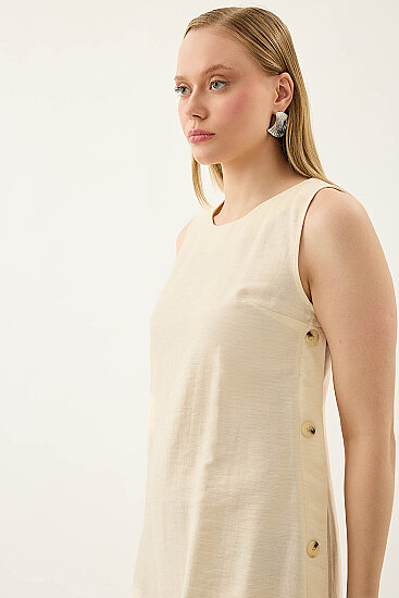 Yanları Düğmeli Sıfır Kol Elbise - 23