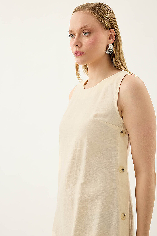 Yanları Düğmeli Sıfır Kol Elbise - 23