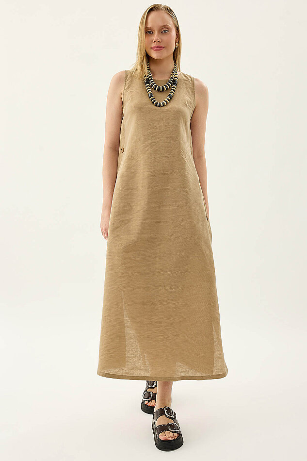 Yanları Düğmeli Sıfır Kol Elbise - 25