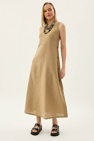 Yanları Düğmeli Sıfır Kol Elbise - 26