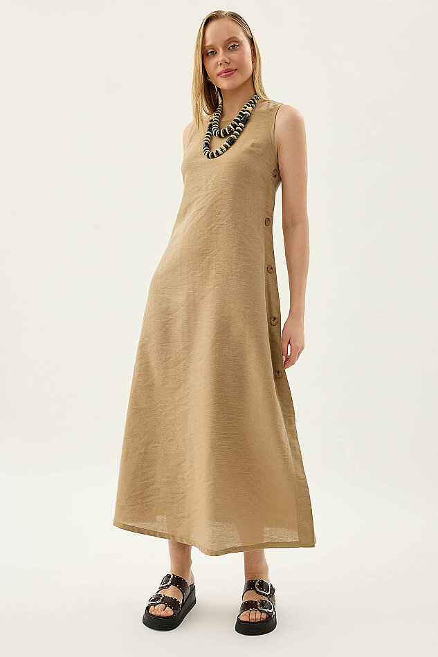 Yanları Düğmeli Sıfır Kol Elbise - 26