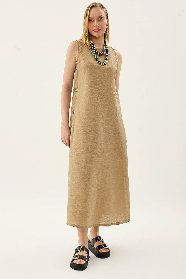 Yanları Düğmeli Sıfır Kol Elbise - 27