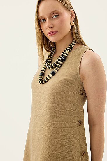 Yanları Düğmeli Sıfır Kol Elbise - 29