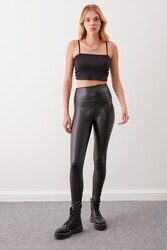 Yüksek Bel Bantlı Suni Deri Tayt - 11