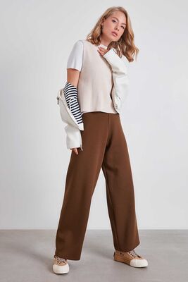 Yüksek Bel Bol Paça Örme Pantolon - 14