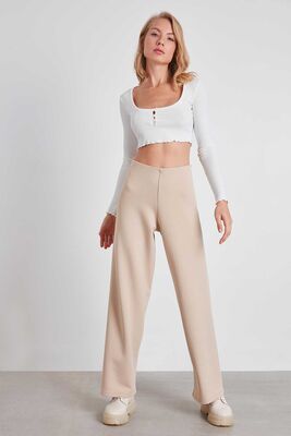 Yüksek Bel Bol Paça Örme Pantolon - 3