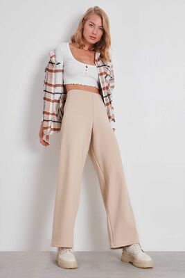 Yüksek Bel Bol Paça Örme Pantolon - 2