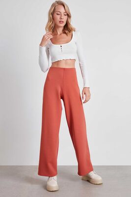 Yüksek Bel Bol Paça Örme Pantolon - 8