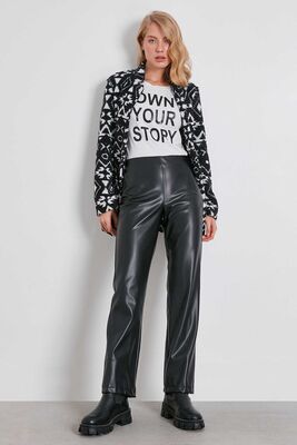 Yüksek Bel Boru Paça Suni Deri Pantolon - 1