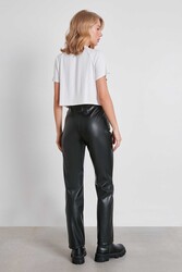 Yüksek Bel Boru Paça Suni Deri Pantolon - 6