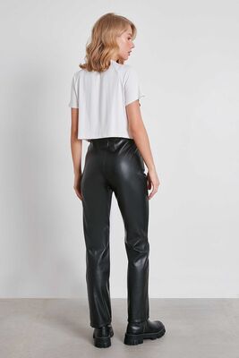 Yüksek Bel Boru Paça Suni Deri Pantolon - 6